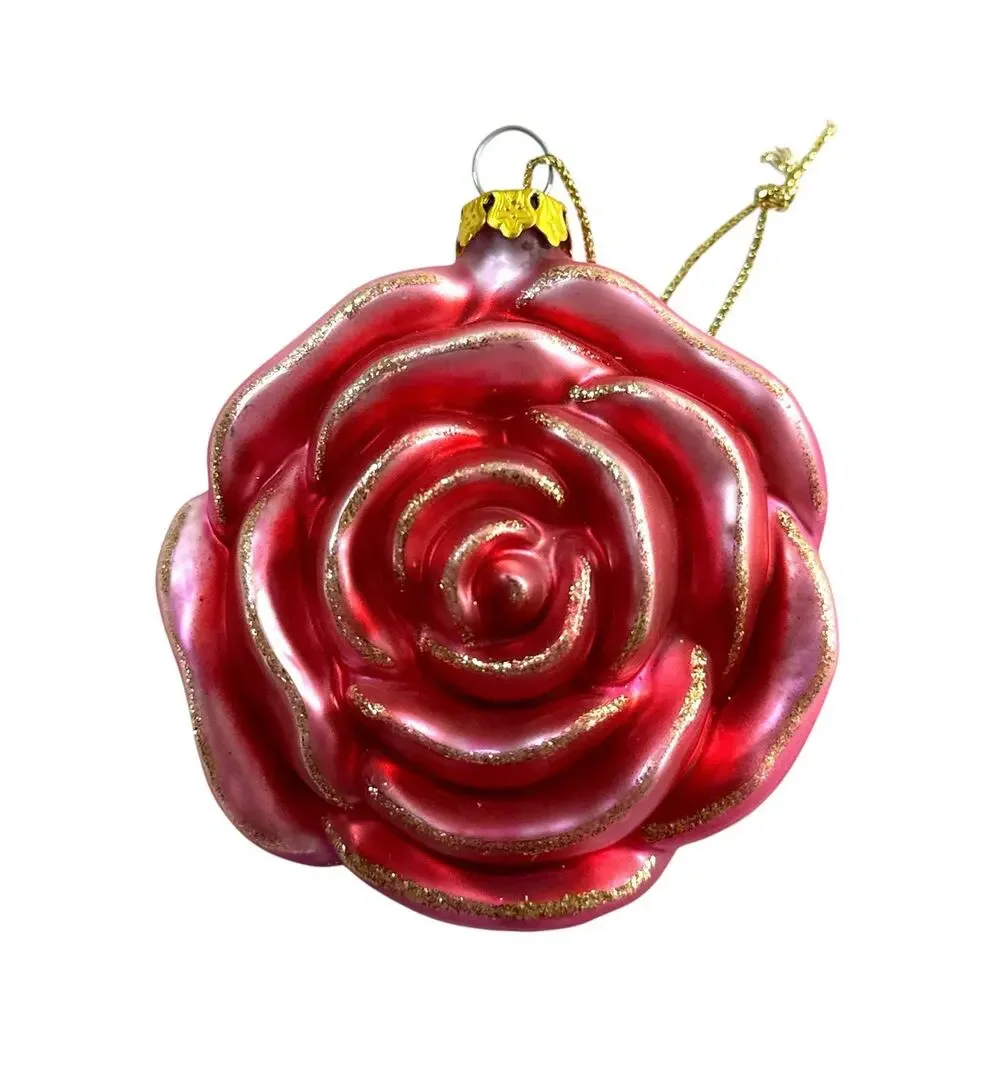 Pink Blown Glass Rose Christmas Ornament Gold Glitter Flower 3”